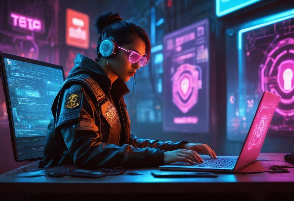 A person streaming content on a laptop, surrounded by symbols of security like shields and locks, with warning signs subtly integrated in the background. Emphasize a glowing aura around the laptop to signify safe streaming. cyberpunk aesthetic. vibrant colors. 3D.